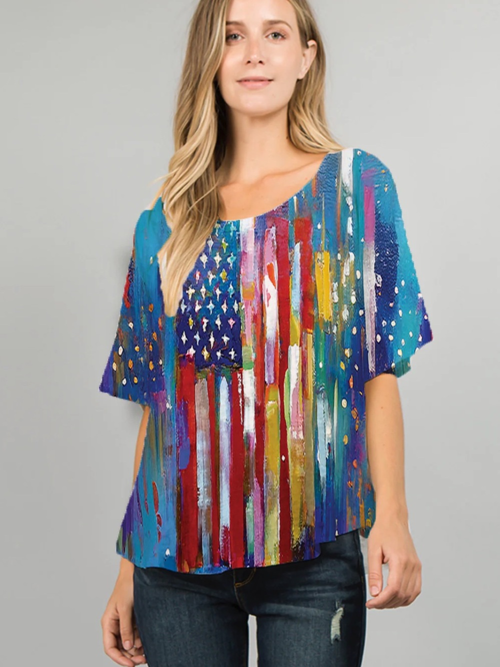Et Lois Fiona Women's Patriotic American Flag Print Blouse Top, L